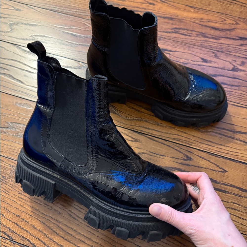 Patent leather lug sole boots